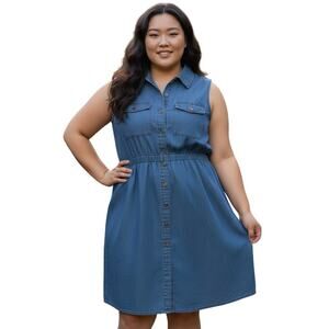 Ava & Viv Plus Sz 2X Blue Chambray Sleeveless Shirtdress Casual Chic Classic EUC